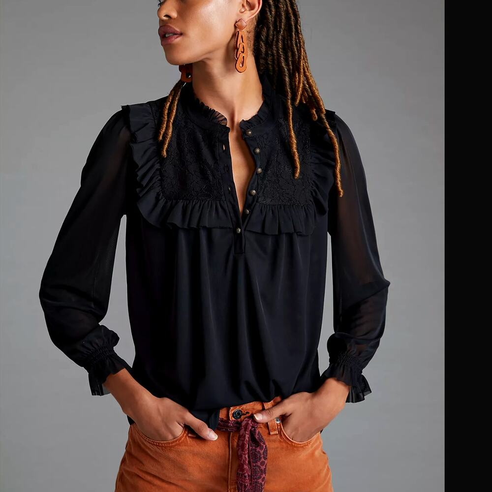 NWT Anthropologie Ruffled Lace Black Blouse - XL